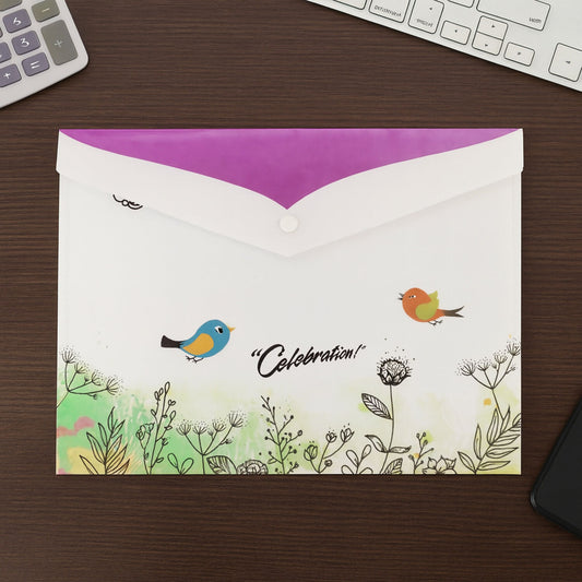 Mix Design Printed A4 Document Folder – Decorative Button Closure File with Bird & Floral Design (1 Pc)