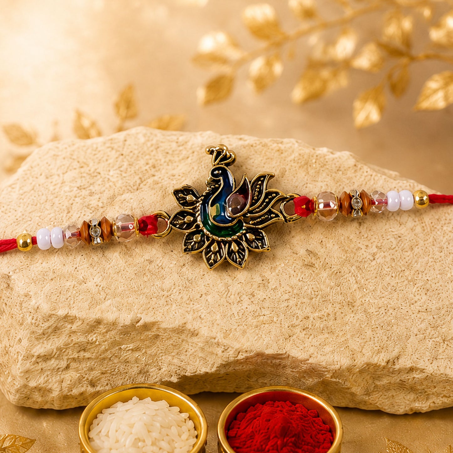 Peacock Floral Golden Rakhi with Blue Green Enamel, Pearl Beads and Red Thread