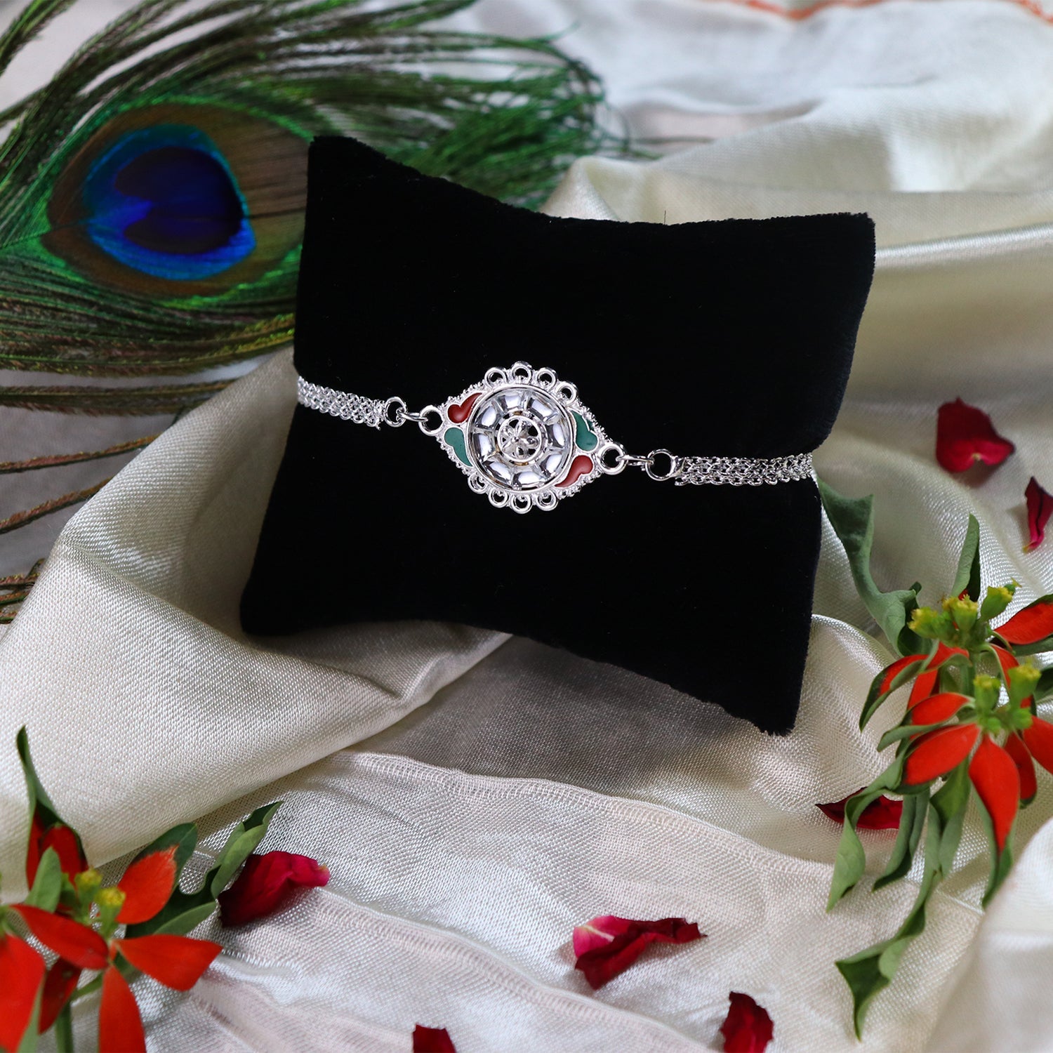 Silver Floral Rakhi Meenakari & Chain for Brothers (10pcs)