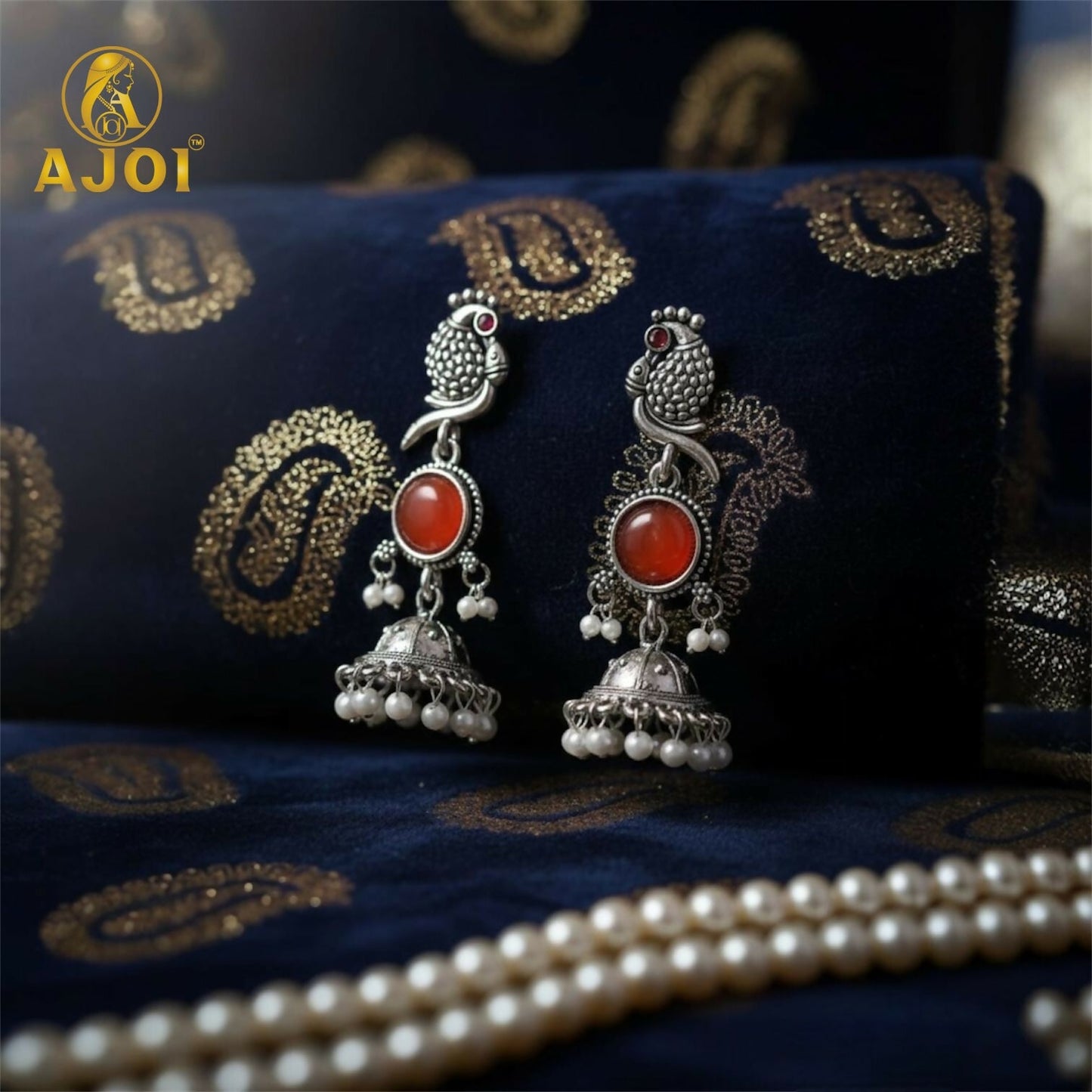 Antique Silver Peacock Jhumka Earrings with Red Stone Centerpiece & Pearl Drops
