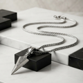 Silver Arrow Head Pendant Necklace for Men Spear Design with Box Chain Neckpiece