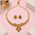 Gold Plated Floral Necklace Set with Red Green Stone Pendant Design