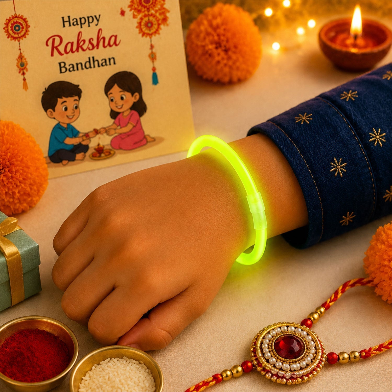 Yellow Neon Glow Band Rakhi with Choco Magic, Pack of 3