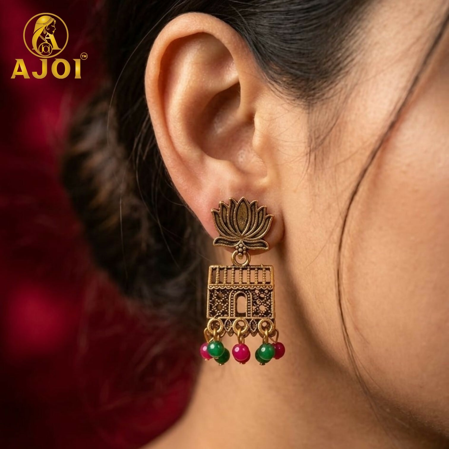 Antique Gold Lotus Temple Earrings with Pink & Green Beads