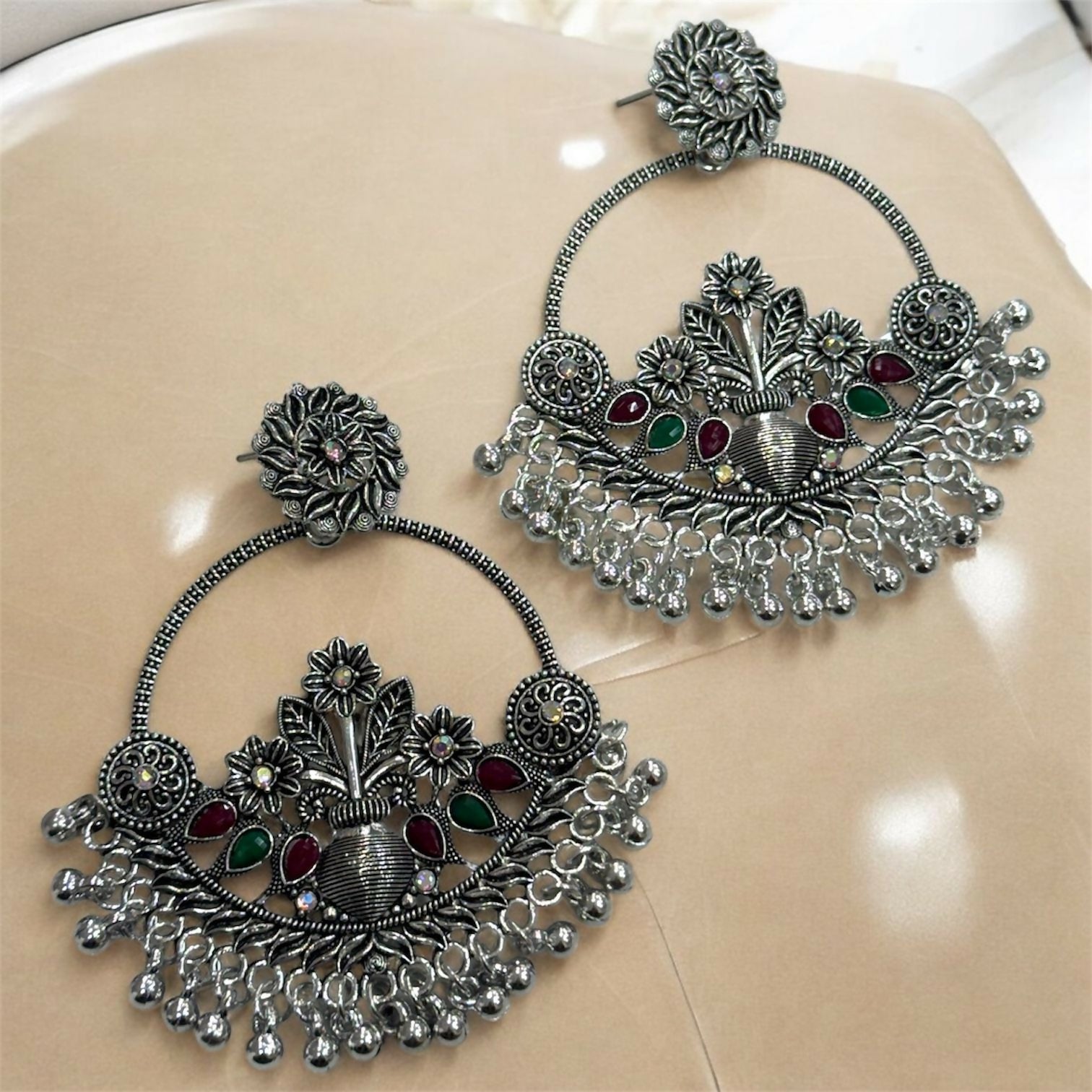 Oxidised Silver Floral Chandbali Earrings with Color Stone Detailing & Ghungroo Drops
