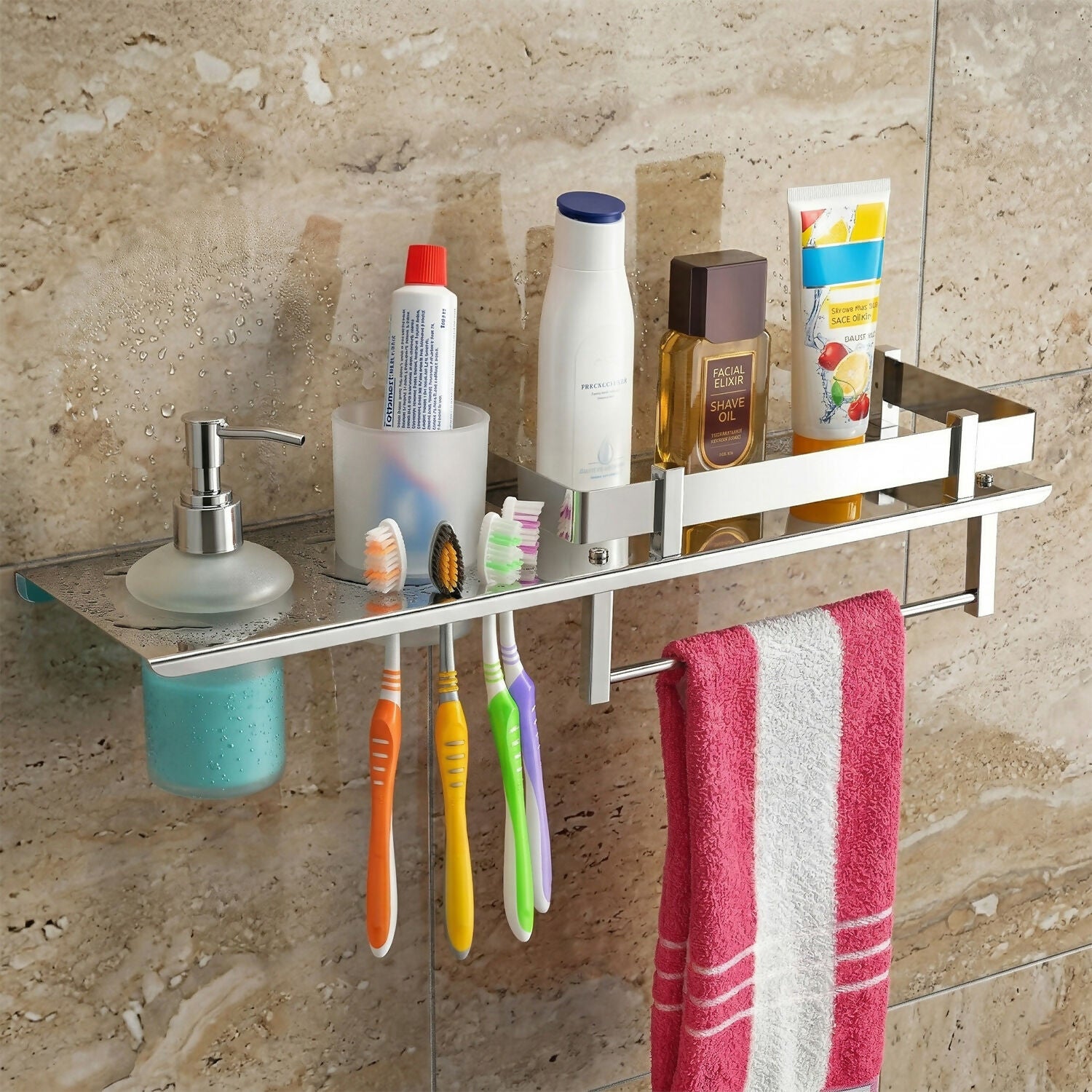 Stainless Steel Wall Mounted Bathroom Shelf with Soap Dispenser, Toothbrush Holder & Towel Rack