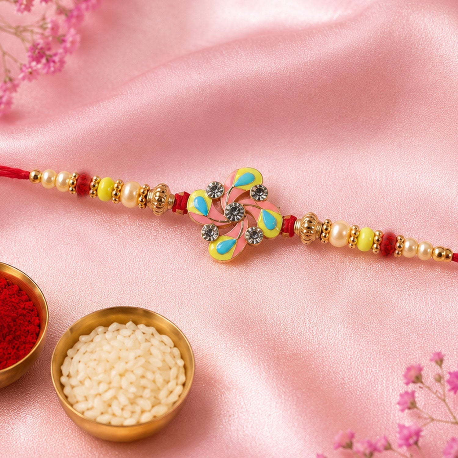 Meenakari Pinwheel Floral Crystal Stone Rakhi for Brother (5pcs)