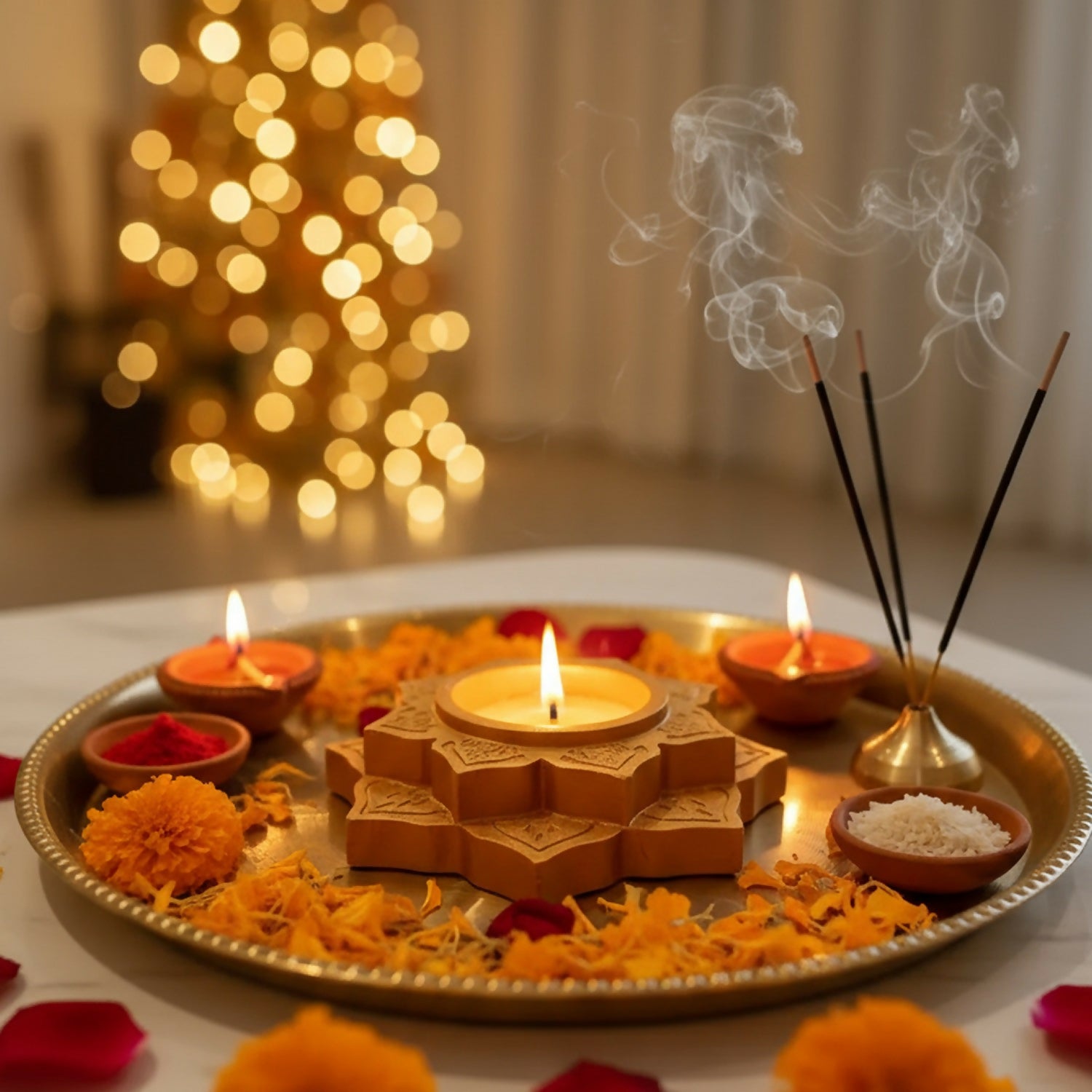 Side angle of lotus candle holder showing intricate design