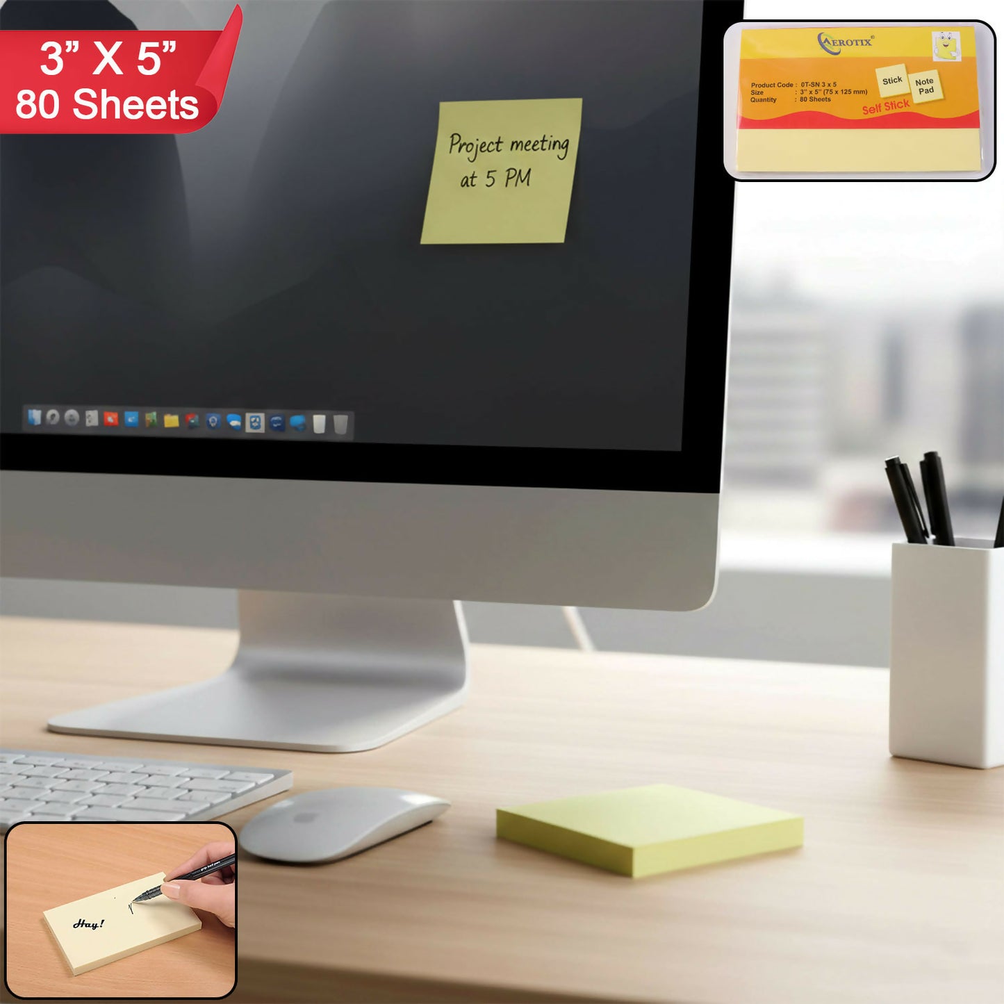 Self yellow sticky note pad featuring 3 x 5 inch sheets with strong adhesive