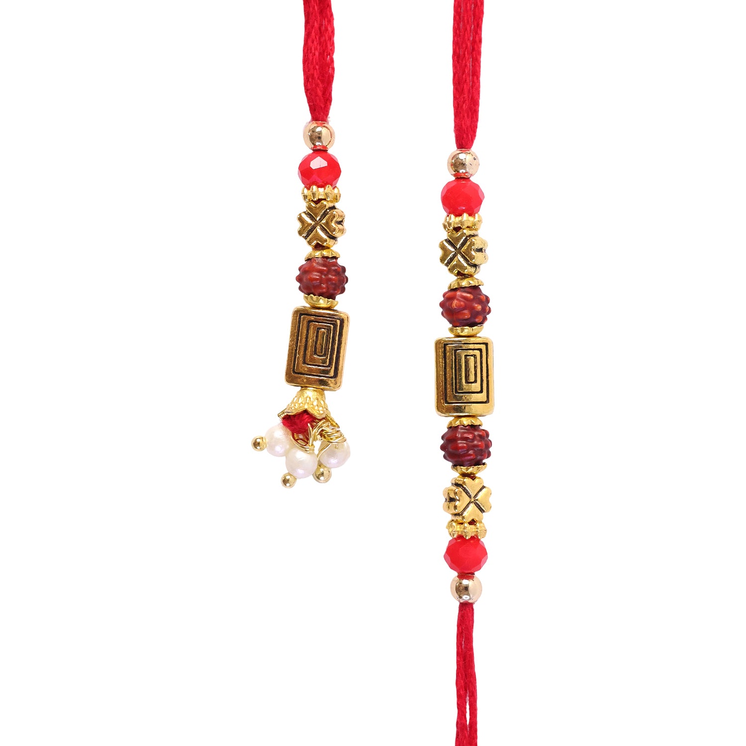 Geometric Spiral Rakhi Pair with Rudraksha Beads for Traditional Couple Gifting Set