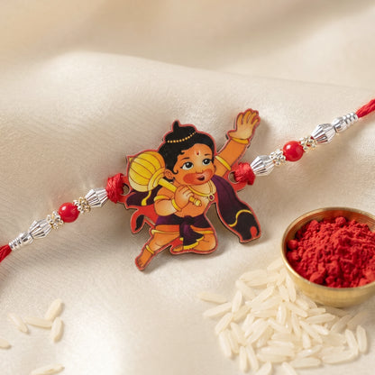 Bal Hanuman Cartoon Rakhi with Red Beads and Silver Chain
