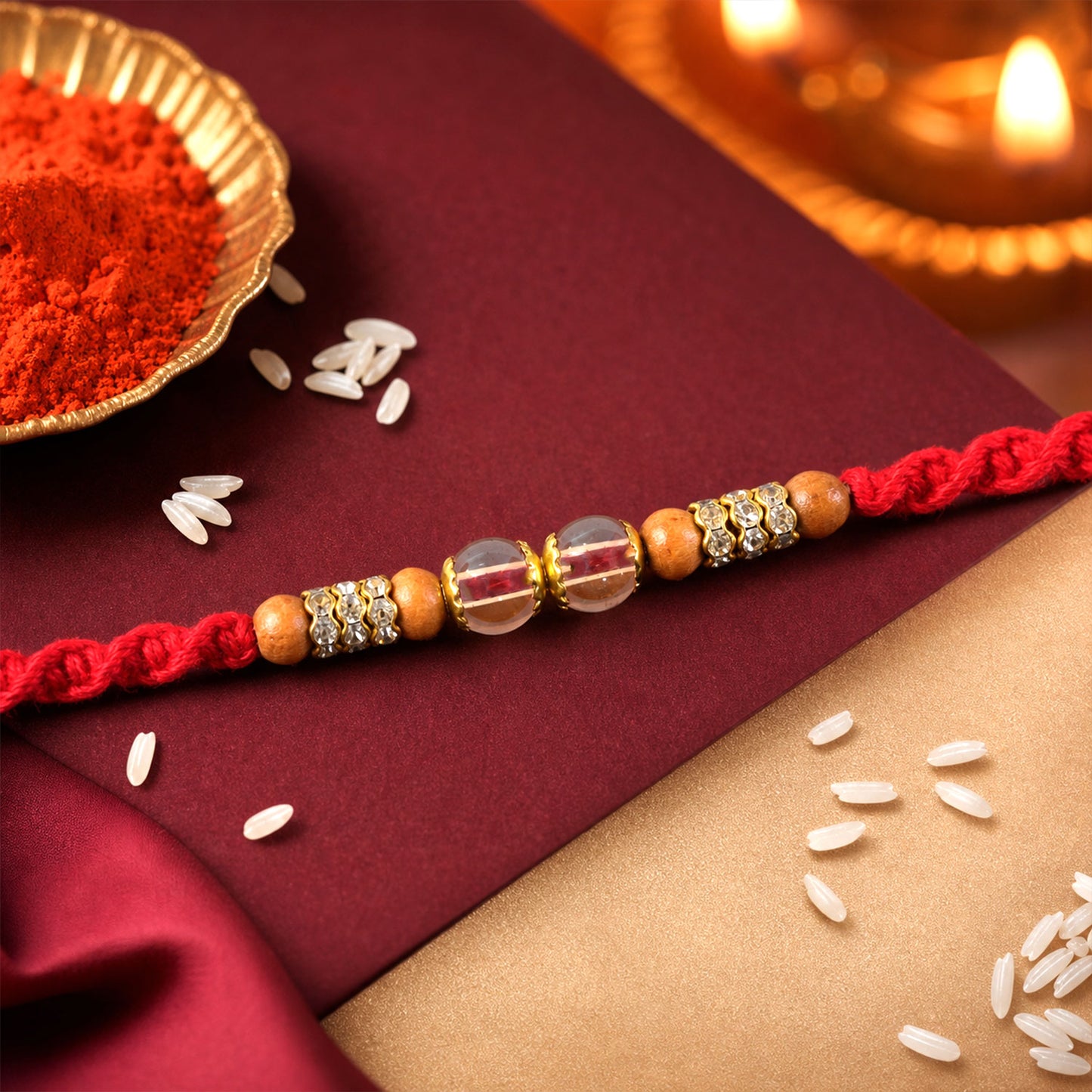 Red Braided Rakhi with Crystal and Natural Wooden Bead Accents