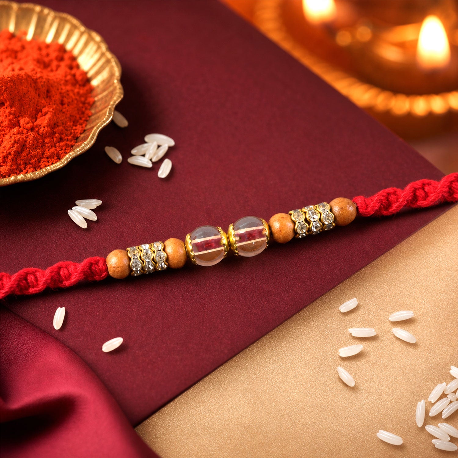 Red Braided Rakhi with Crystal and Natural Wooden Bead Accents