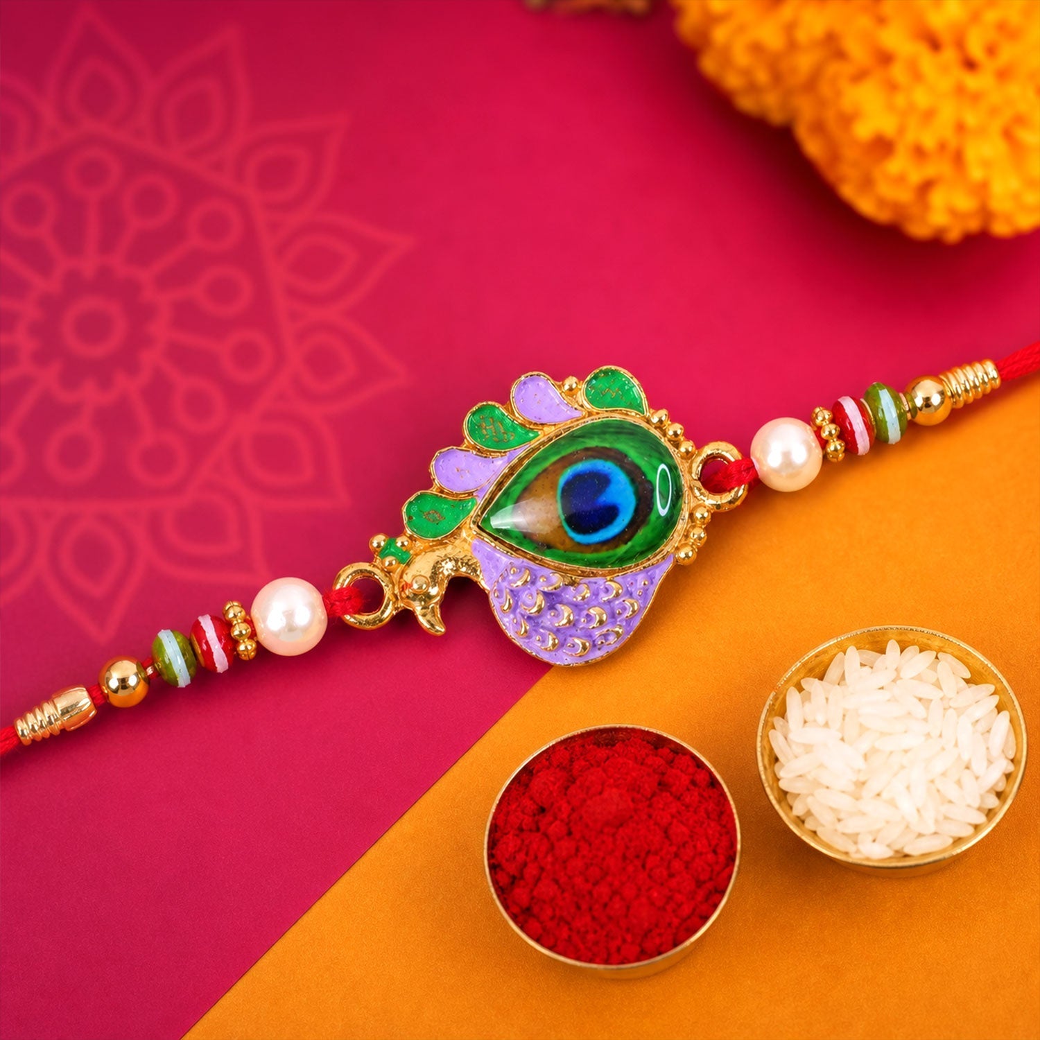 Designer Rakhi for Brother Peacock Paisley Stone Studded (5pcs)