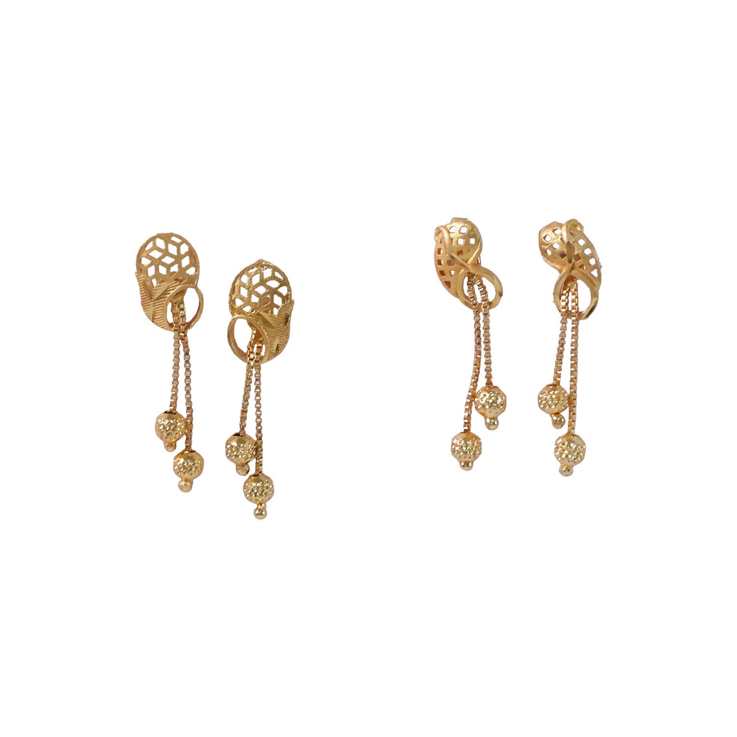 Vintage Inspired Geometric Gold Drop Earrings with Triple Bead Chain Drops (2 Pair)