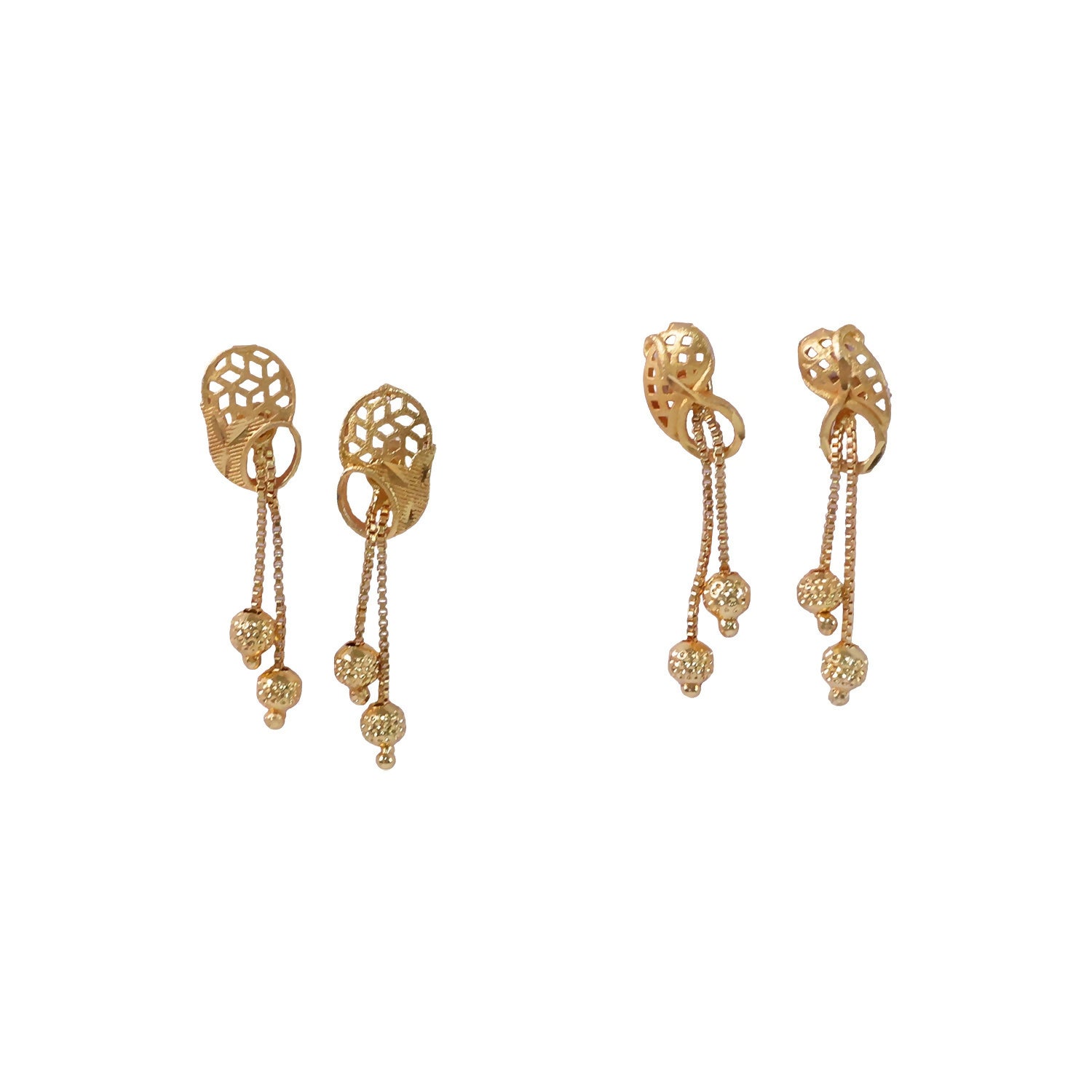 Vintage Inspired Geometric Gold Drop Earrings with Triple Bead Chain Drops (2 Pair)