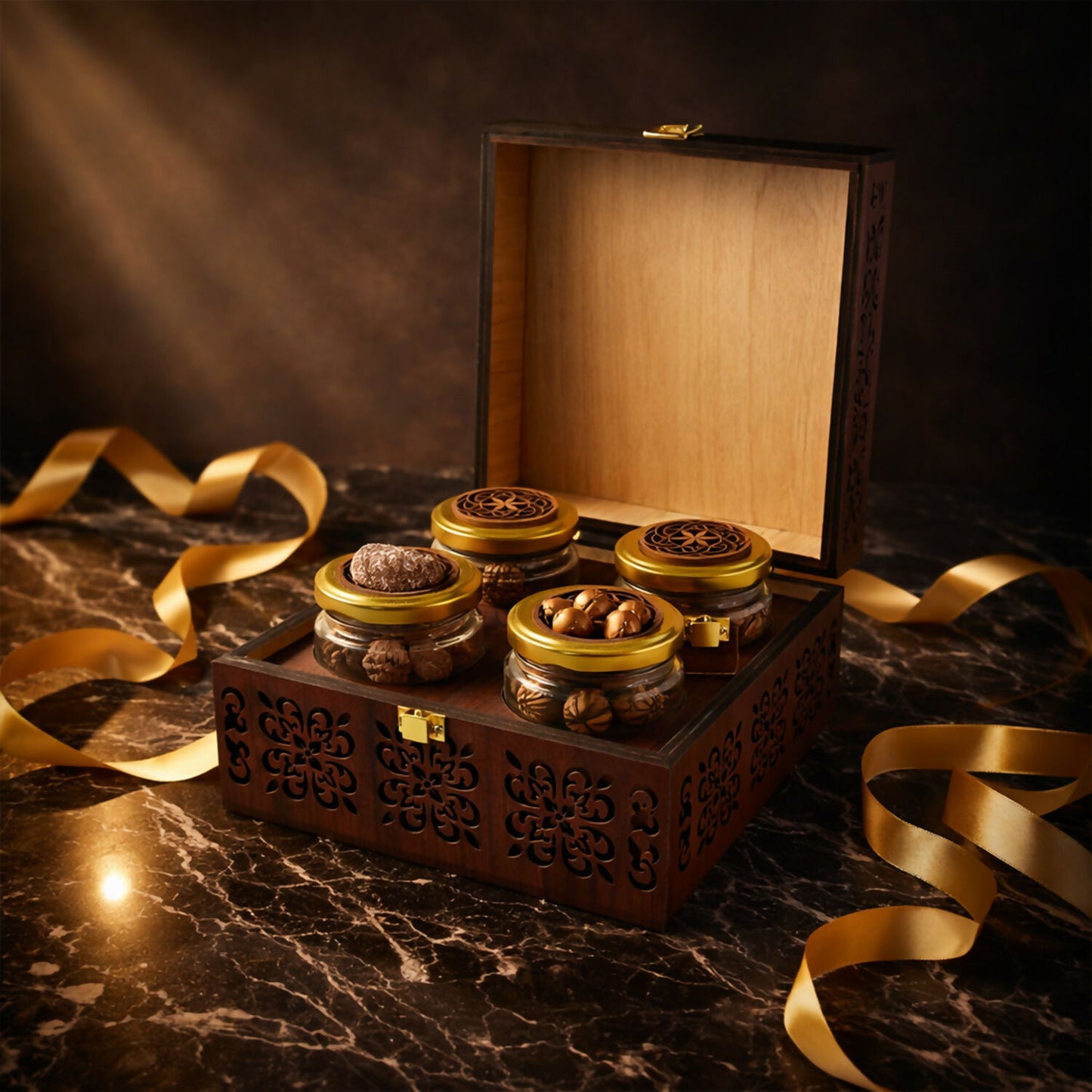 Close-up of gold-tone lids and laser-etched wooden filigree toppers on glass jars in wooden storage box