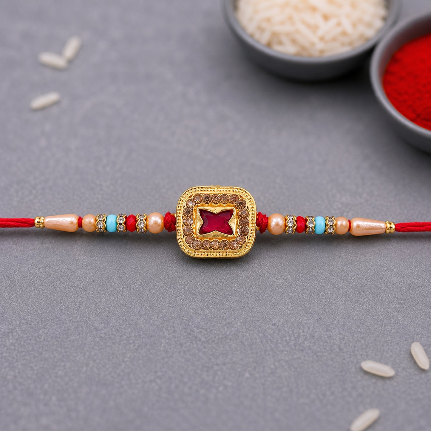 Royal Maroon Cushion Stone Kundan Rakhi for Brother with Pearls & Beads