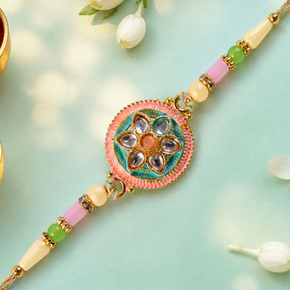 Teal and Pink Round Kundan Pendant Rakhi with Pastel Beads