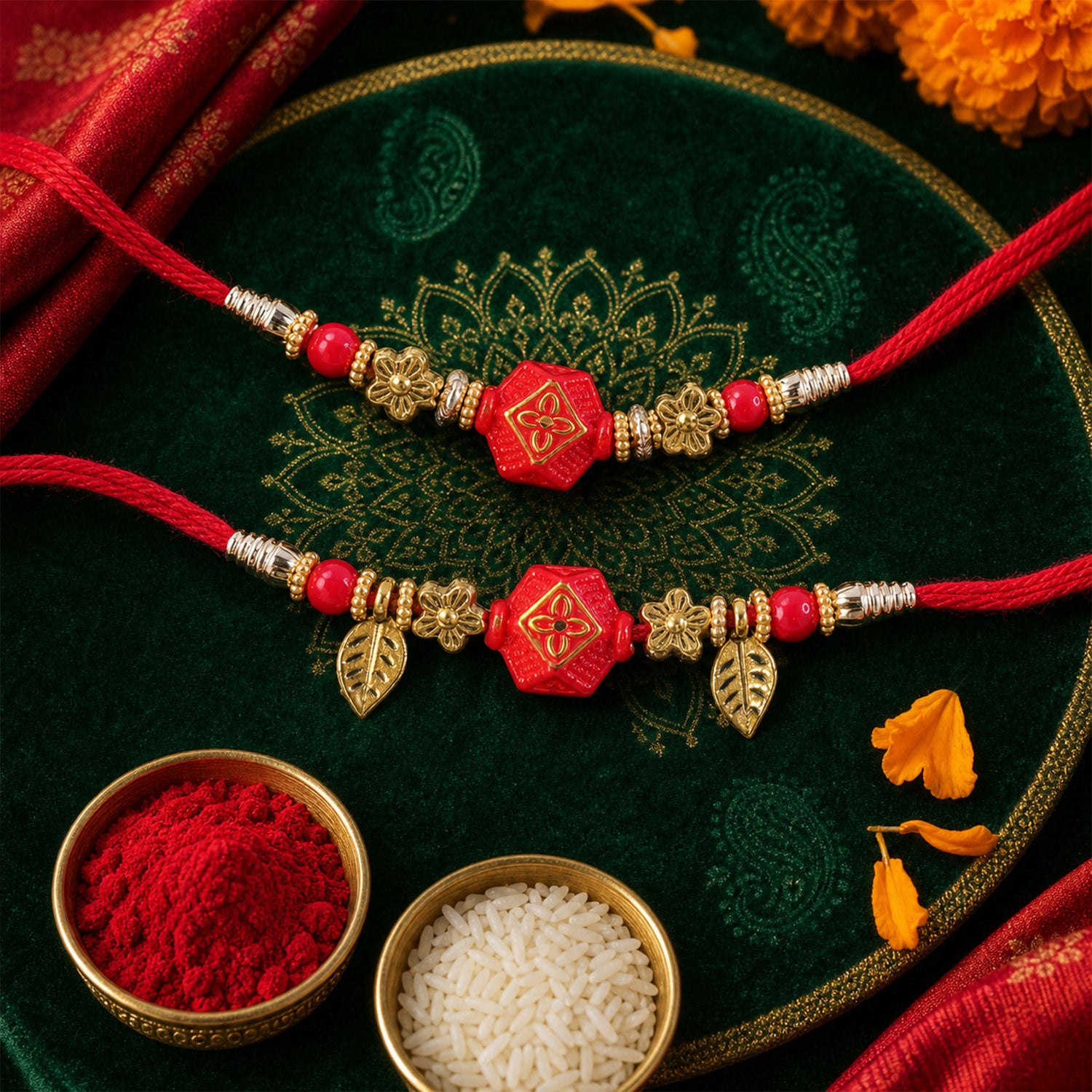 Couple Rakhi with Red Hexagon Charm, Gold Beads and Leaf Accents