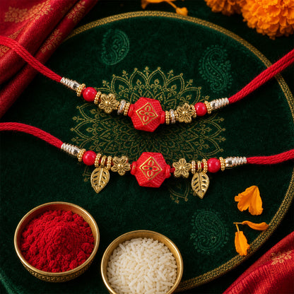 Couple Rakhi with Red Hexagon Charm, Gold Beads and Leaf Accents