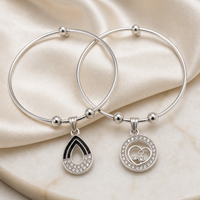 Elegant Silver Bangles with Crystal Square and Heart Charm Designs