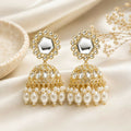 Traditional Gold Plated Kundan & Pearl Cluster Jhumka Earrings | Royal Uncut Glass Kundan Drop Earrings for Women