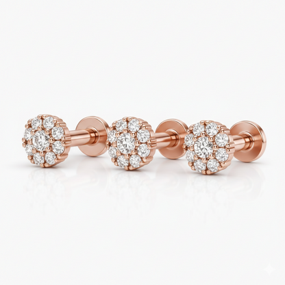 Set of three rose gold cluster nose pins with radiant crystal details