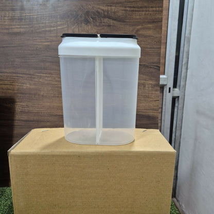Clear dual compartment container showing internal divider & capacity