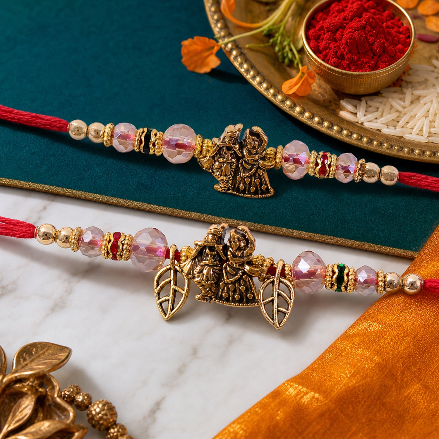 Radha Krishna Couple Rakhi Set with Pink Crystal Beads and Antique Leaf Charm Gift