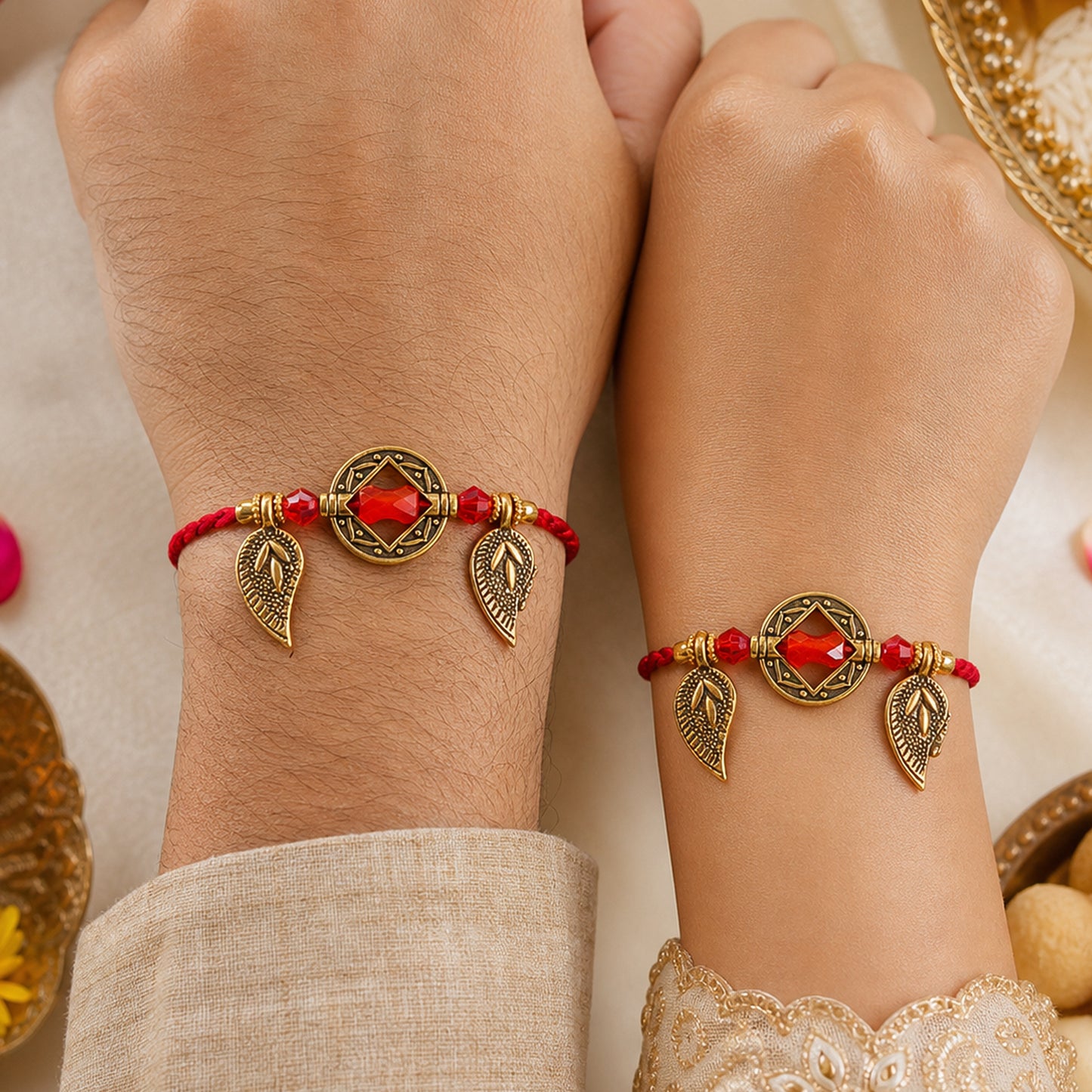 Couple Rakhi Set with Red Thread, Amber Stone, Leaf Charms and Gold Beads