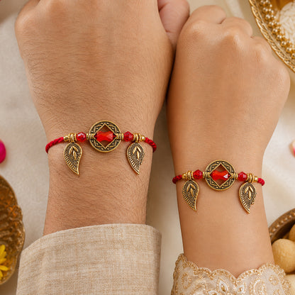 Couple Rakhi Set with Red Thread, Amber Stone, Leaf Charms and Gold Beads