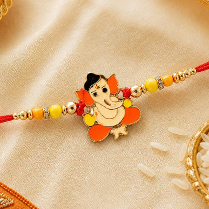 Bal Ganesha Rakhi Vibrant Orange-Green Beads & Red Thread (5pcs)