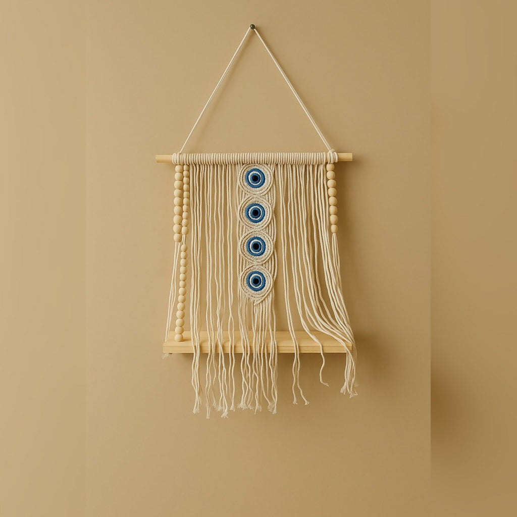 A macrame wall hanging shelf with four blue evil eye designs, natural wooden beads, and a light wooden shelf.