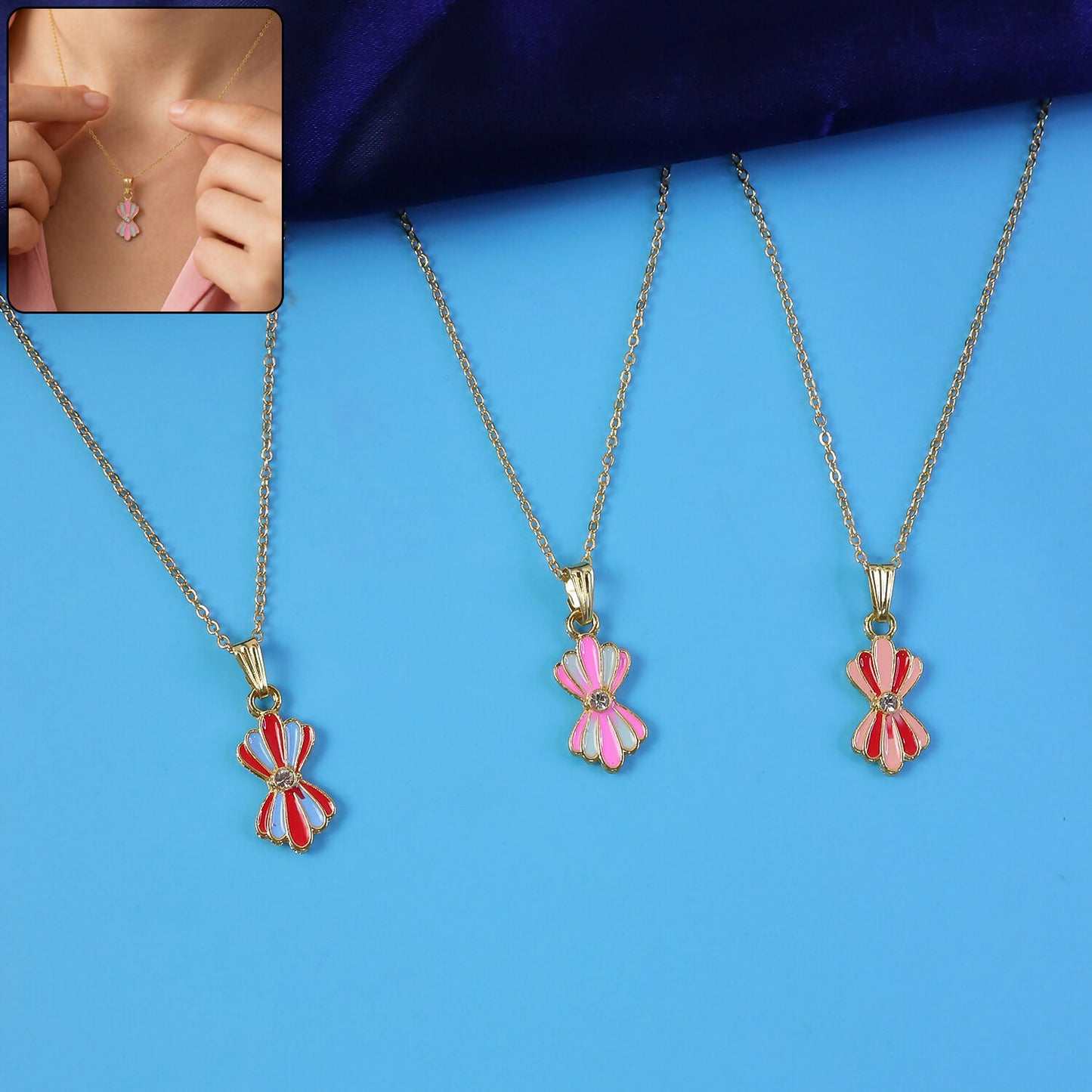 Colorful Enamel Flower Pendant Necklace on Gold Chain