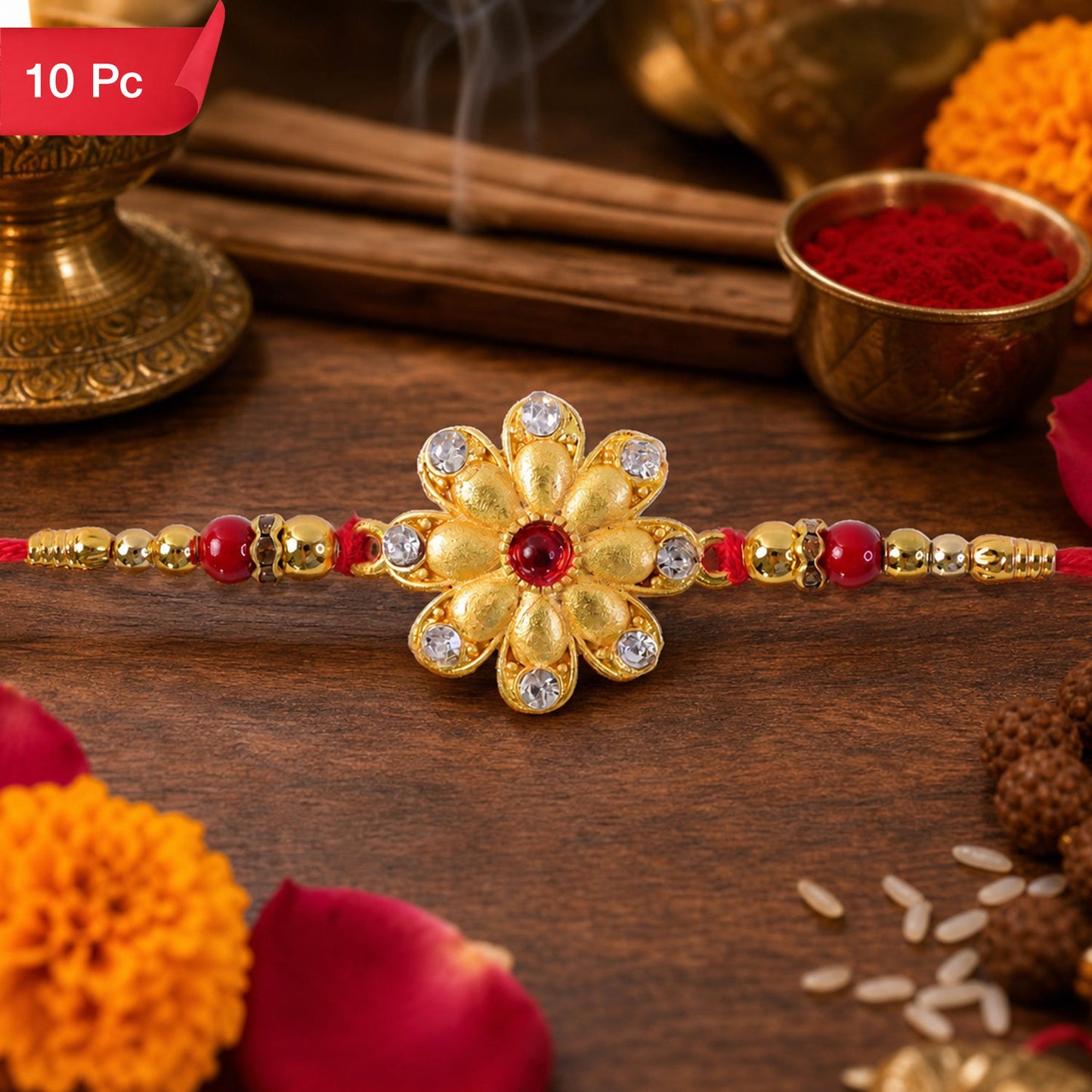 Golden Flower Rakhi for Brother Festive Raksha Bandhan Design (10pcs)