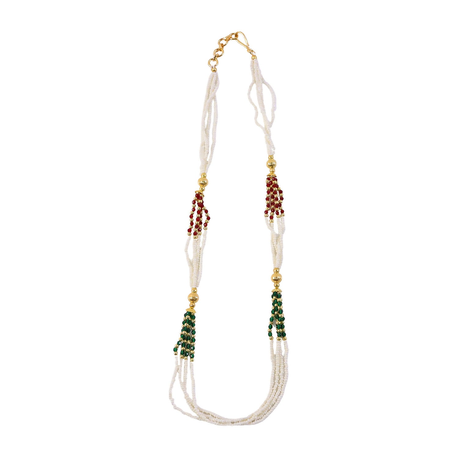 Ethnic mala necklace combining white strands with red and green beads