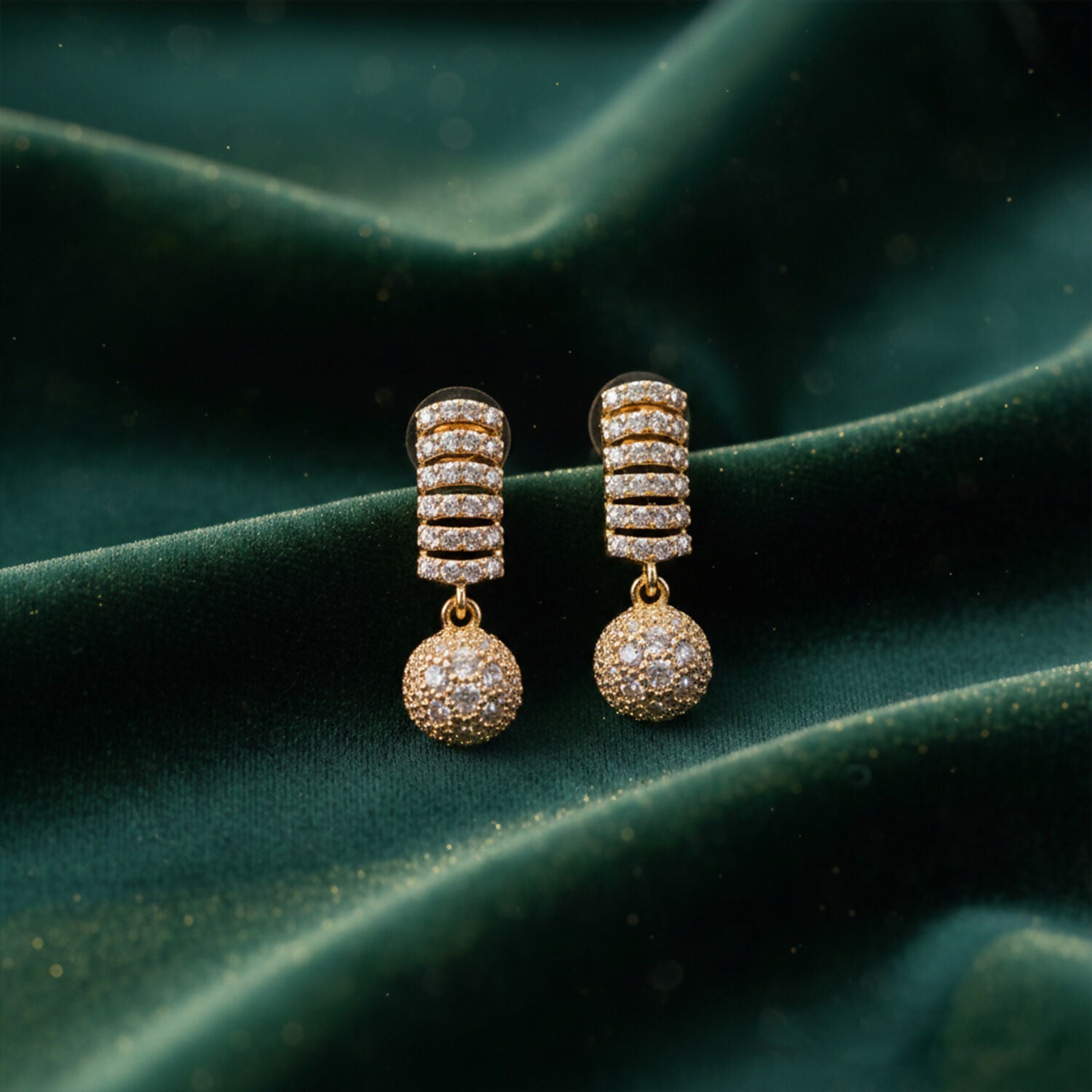 Close-up view of elegant party wear drop earrings with cubic zirconia stones
