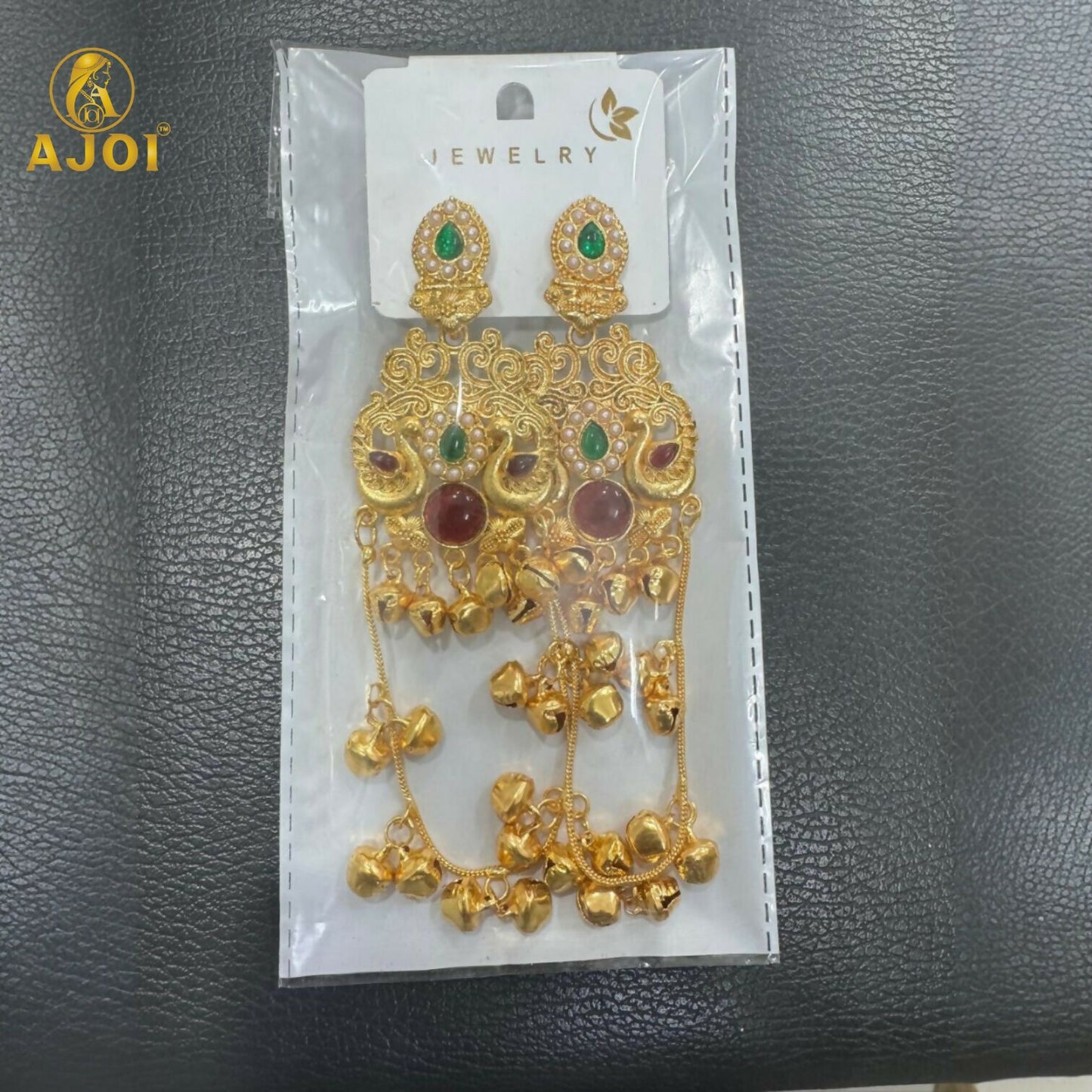 Green & Ruby Stone Kashmiri Traditional Gold-Plated Ghungroo Earrings For Women And Girls.