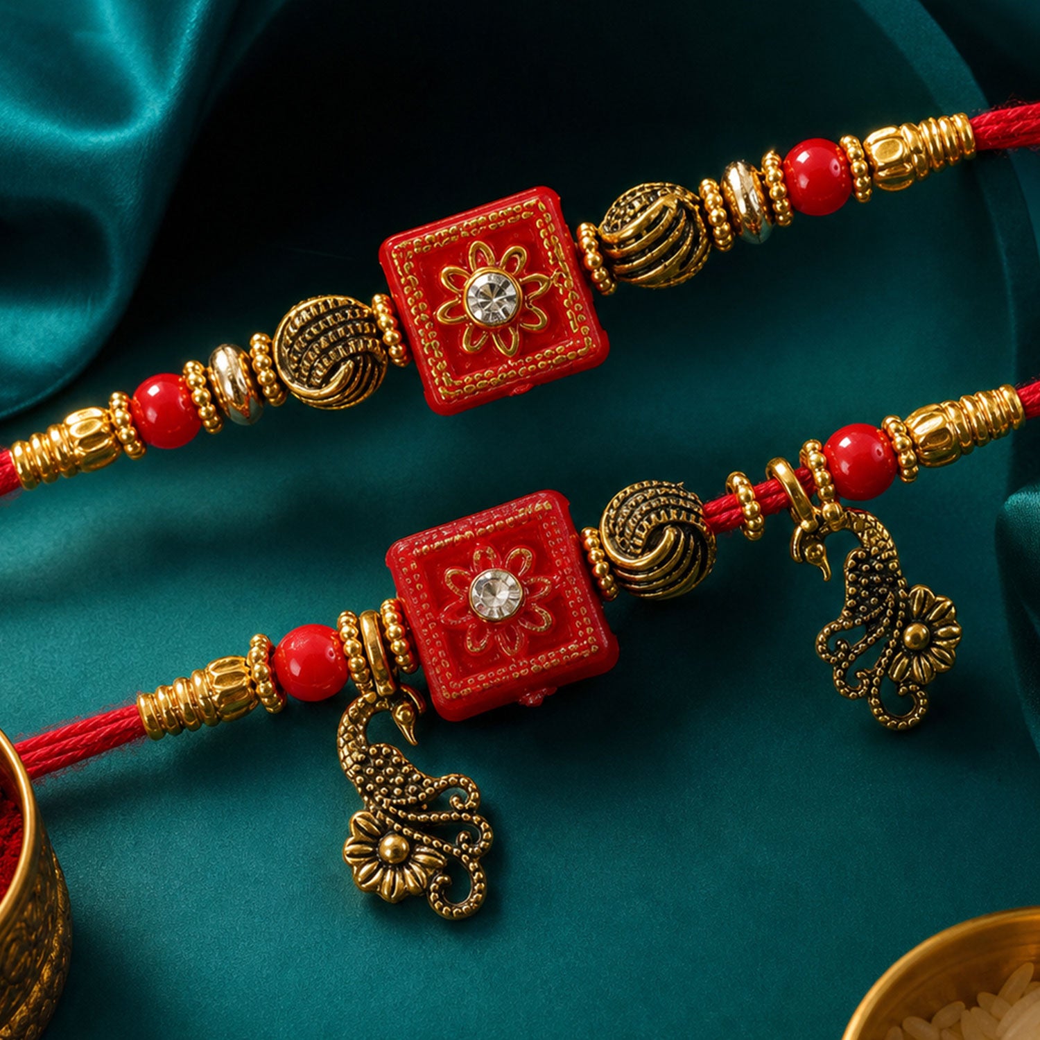 Classic Geometric Square Bhai Bhabhi Rakhi with Square Bead and Leaf Charm for Gift