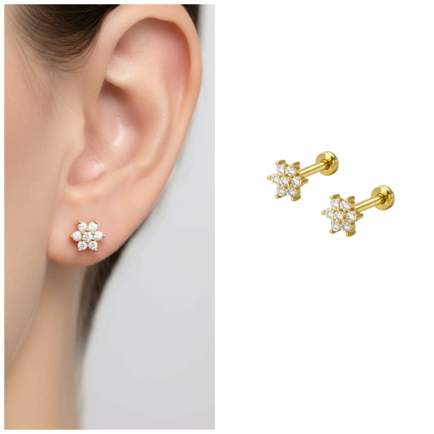 Gold plated crystal flower stud earrings with sparkling cubic zirconia crystals