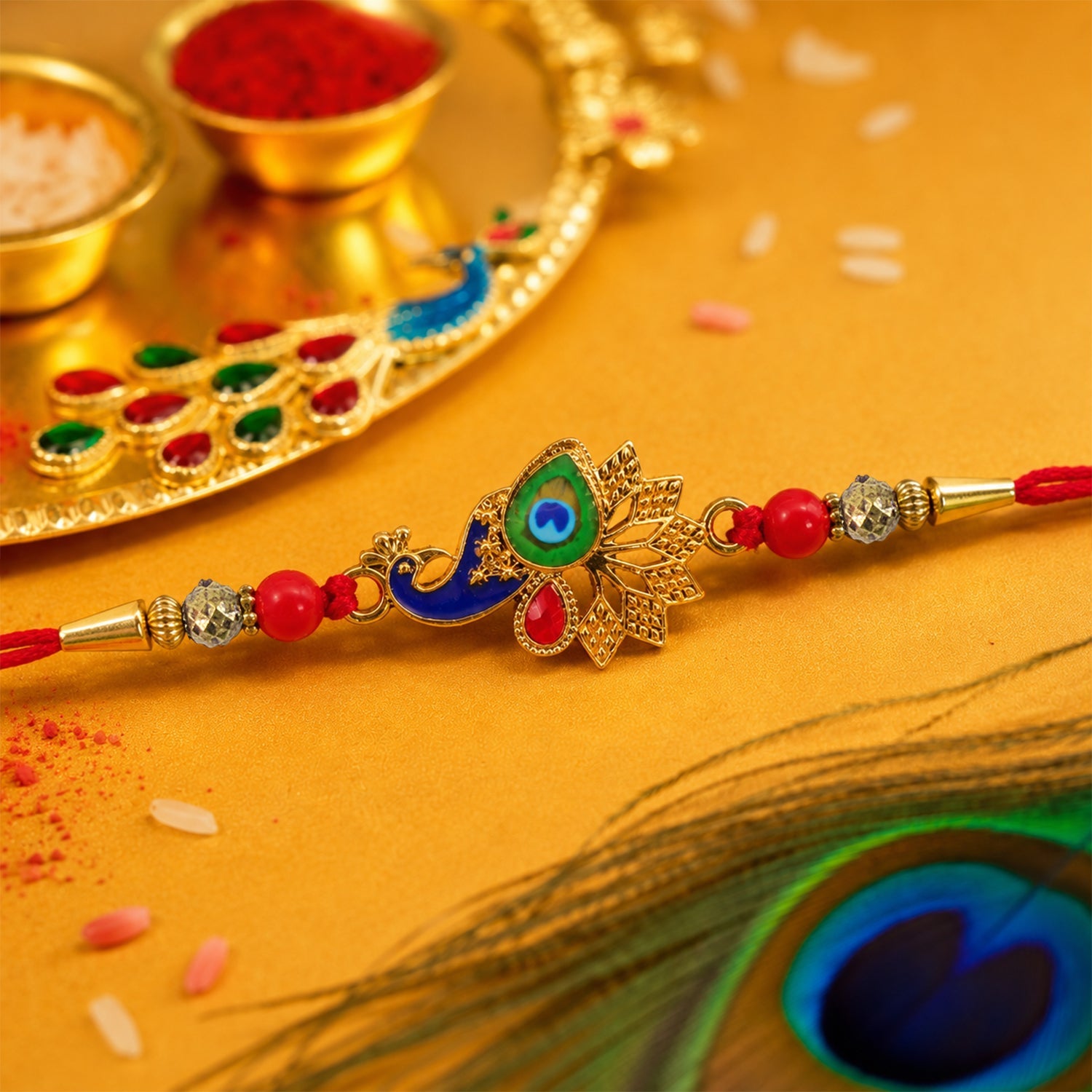 Peacock Rakhi, Vibrant Enamel & Beadwork Design (5pcs)