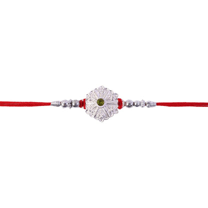 White Daisy Rakhi with Silver Beads and Soft Green Stone Center