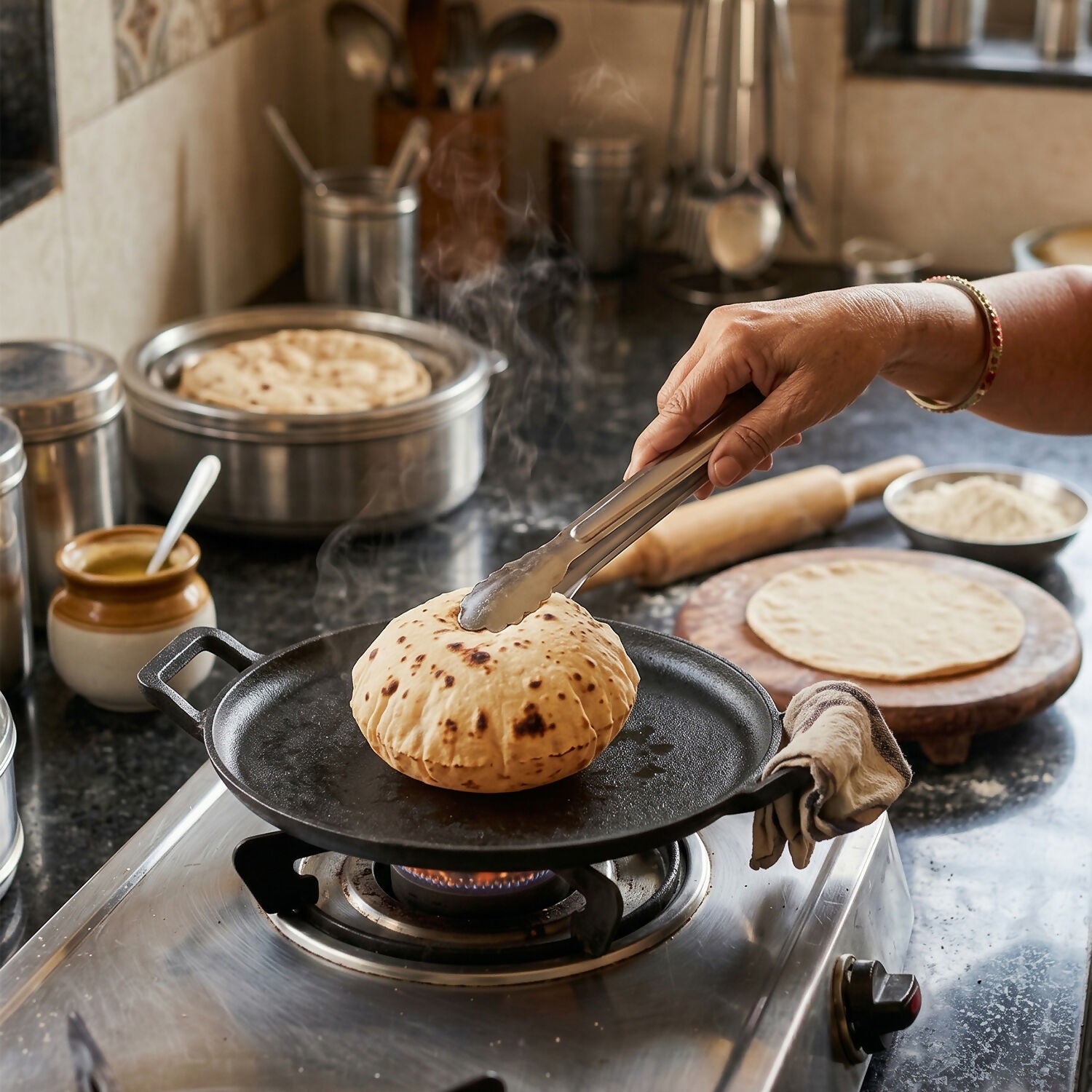 Close-up of natural seasoning on cast iron roti tawa