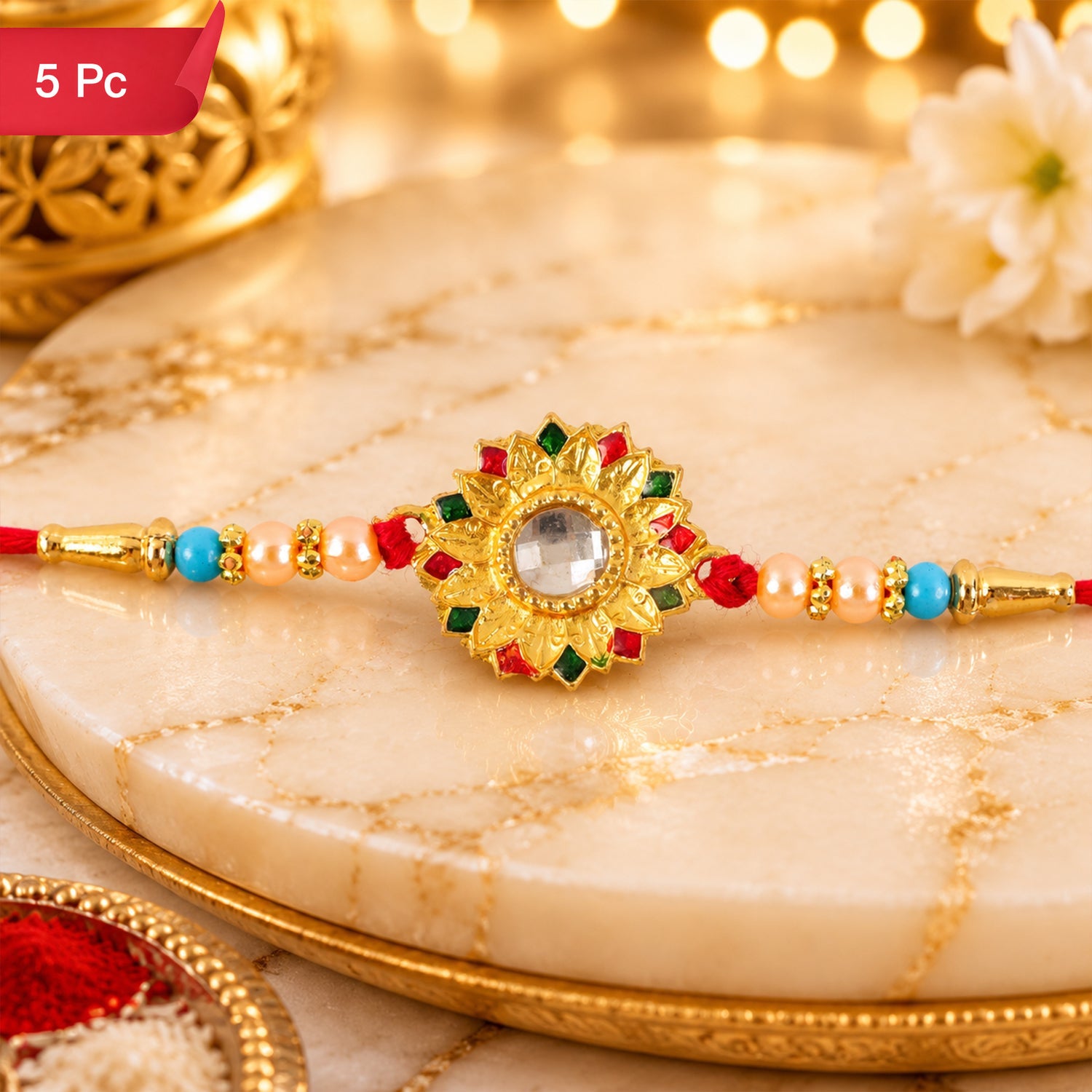 Floral Mirror Rakhi Traditional Brother Gift for Raksha Bandhan (5pcs)