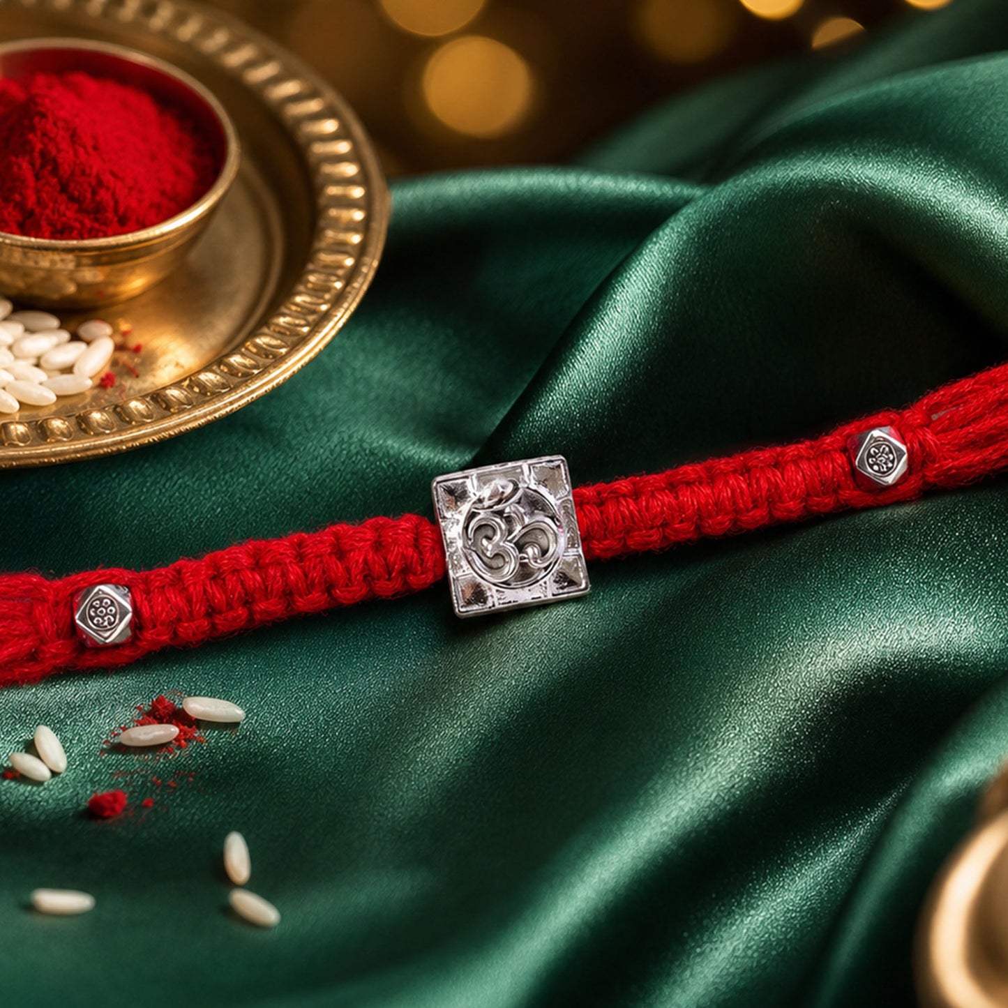 Red Braided Rakhi with Silver Om Pendant Set in a Square Frame