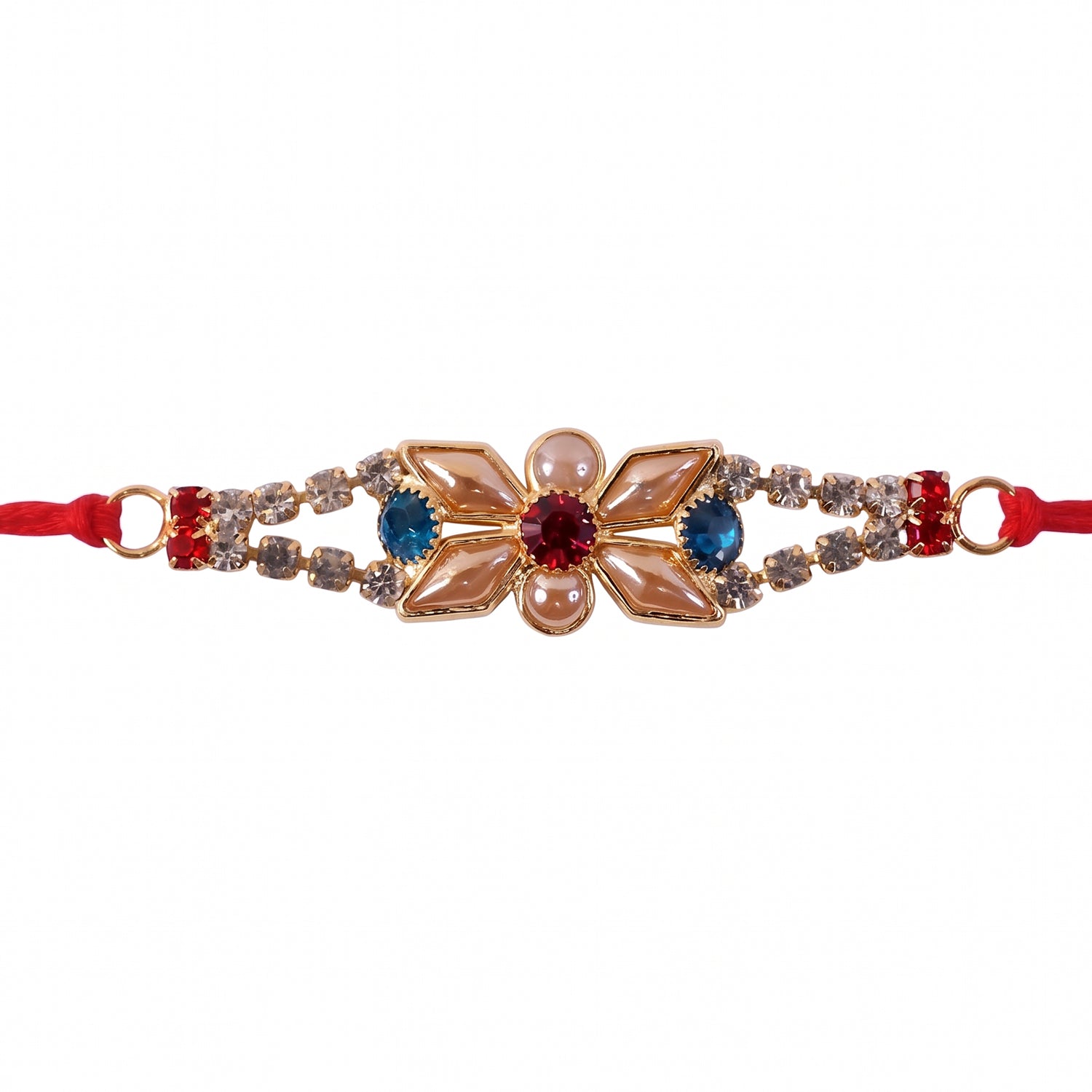 Pastel Floral Kundan Rakhi with Blue Stone and Pearl Center