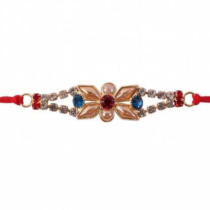 Pastel Floral Kundan Rakhi with Blue Stone and Pearl Center