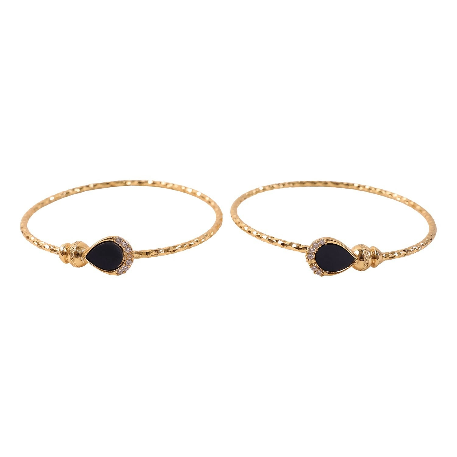 Pair of gold plated black stone bangles on white background
