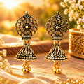 Traditional Floral Jhumka Earrings for Women with Antique Gold-Tone Finish and Dangling Beads